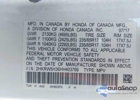 2017 Honda Cr-V Lx z USA, uszkodzony, nr VIN 2HKRW5H36HH403769